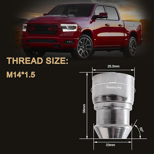 M14 x 1.5mm Wheel Locks, Fit for Ram 1500, Ram 2500, Ram 3500, F-150, F-250, F-350, Expedition, Wheel Locks, 4 Locking Lug Nuts 2 Pcs Key with 24Pcs 7 Spline Lug Nuts+1 Key, Chrome