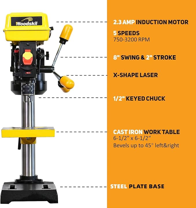 Woodskil 8 Inch Drill Press, 2.3 Amp 5-Speed Bench Drill Press with Laser Guide and Cast Iron Worktable, Bench Top Drilling Machine
