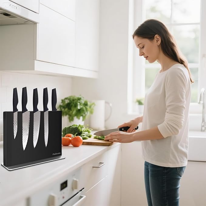 Magnetic Knife Block Without Knives—Black Stainless Steel Double-Sided Magnetic Knife Holder Stand with Strong Magnets, Knife Storage Organizer for Kitchen Counter top