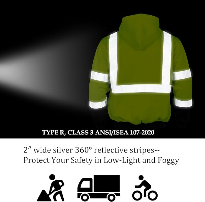 VENDACE Men's ANSI Class 3 High Vis Safety Reflective Sweatshirt Wool Fleece Zipper Jacket Hoodie with Black Bottom(Yellow,XL)