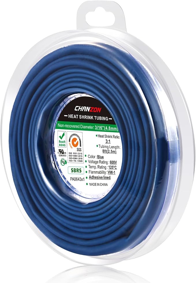 Chanzon 3:1 Ratio 3/16" (4.8mm) Heat Shrink Tubing - Marine Grade Waterproof Adhesive Lined - 8Ft Roll (2.5M Total Length) Blue Polyolefin Sleeving Wrap Shrinking 3 to 1 Ratio 1pcs