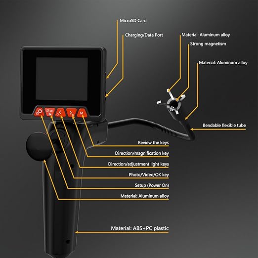 Endoscope Camera with Light and Grabber, Sewer Borescope Inspection Mirror with Magnetic Pickup, Drain Snake Scope for Automotive Repair & Pipe Cleaning, IP67 Waterproof, 6 LED, 19.7-Inch
