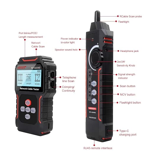 NOYAFA NF‑8209S Network Cable Tester – Upgrade Ethernet Cable Tester with PoE Detection, NCV Voltage Test, Cable Length Measurement, Port Flashing & Anti-Interference Scan Modes