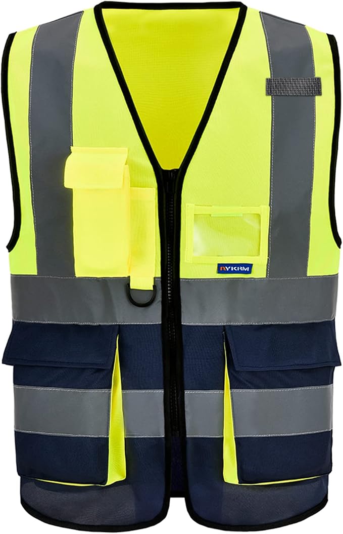 A-SAFETY Reflective Safety Vest, Reinforced Points, Zipper, Yellow/Navy, L | Yellow/Navy L work vest with reinforced pockets, clear ID holder and mic tabs for warehouse logistics and assembly work.