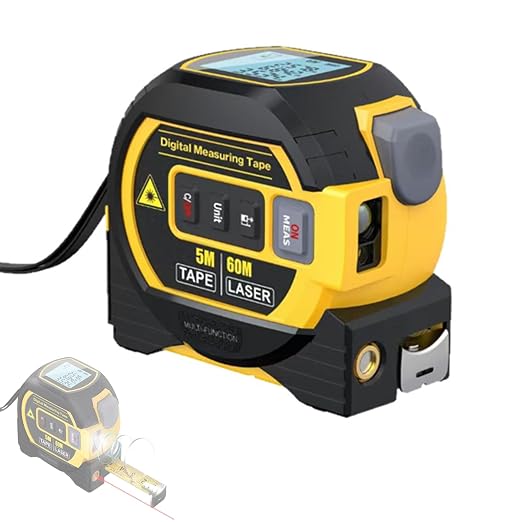Tape Measure 3-in-1 Tape Measure - Digital Measuring Tape with Data Storage Function Vertical Crosshair Rangefinder, LCD Display, 16Ft Tape,60M/197Ft Rangefinder,Yellow:60M.