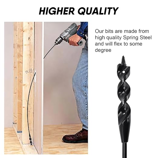 54" Flexible Installer Drill Bit for Pulling Wires in Walls, Ceilings, and Sidewalks, 9/16" Auger with Screw Point & Fish Eye, 3/16" 3-Flat Shank for Wood & Conduits, with Storage Tube