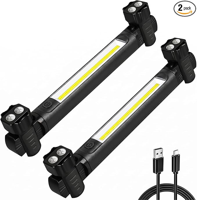 Ropelux Mechanic Work Light Bar with 2500LM 5200mAh Battery, Black 2 Pcs | 2-Level Brightness, 7500K Cool White, 4-10 Hours Runtime, Magnetic Bases, Hooks, 360° Rotating, Rechargeable, Tool Gift