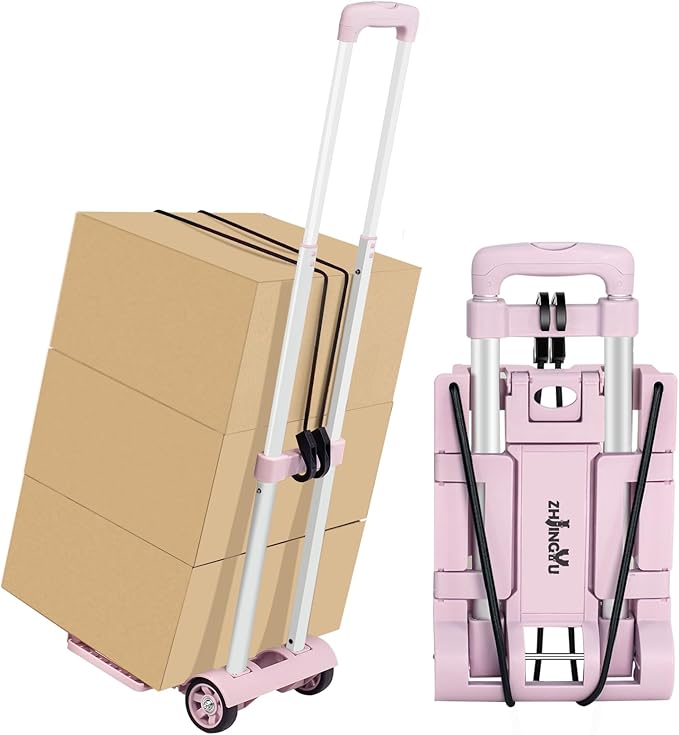 Folding Dolly Pink Hand Cart,Folding Hand Truck Aluminum Trolley,Small Dolly, Foldable Hand Cart 2 Wheel Luggage Trolley Expandable Large Chassis Foldable into Backpack Car Trunk
