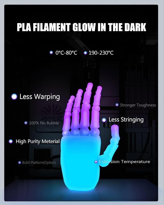 3D Printer Filament PLA Glow in The Dark 1.75mm 3-D Printing Materials 3 Colors Bundle Print Filiment 1.75 mm Green Blue Purple Fillament Accuracy ±0.05mm Spool Vacuum Packaging 250G X 3