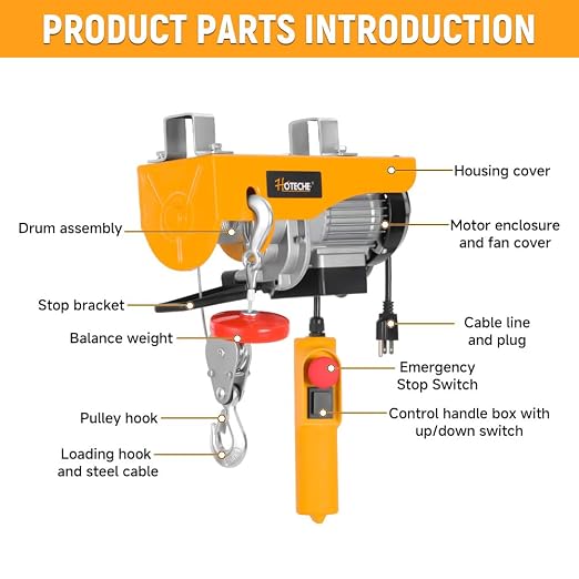 Hoteche 550lb Electric Hoist - 560W Power Lifting Winch with 39ft 3mm Wire Rope - for Garage, Workshop, Construction & Industrial Use