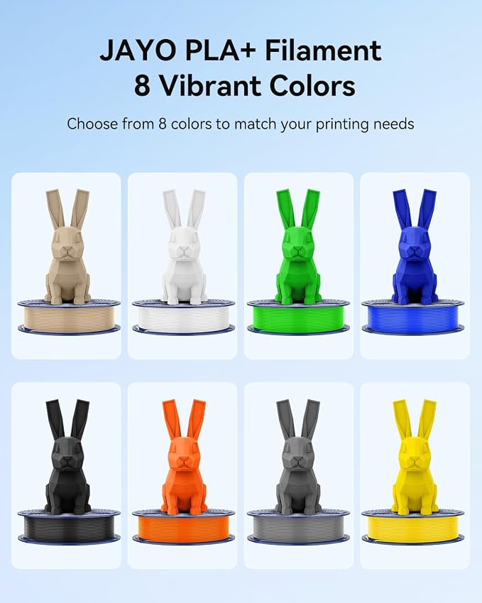 JAYO PLA+ Filament Bundle 1.75mm, 3D Printer Filament Bundle Multicolor, Individually Vacuum Packed, 250g Spool, 8 Pack, 2KG in Total, Black+White+Grey+Blue+Green+Orange+Yellow+Burlywood Color