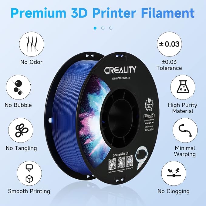 Creality PETG Filament 1.75mm Transparent Blue, 3D Printer Filament No-Tangling, Strong Bonding and Overhang Performance Dimensional Accuracy +/-0.02mm, 2.2lbs/Spool