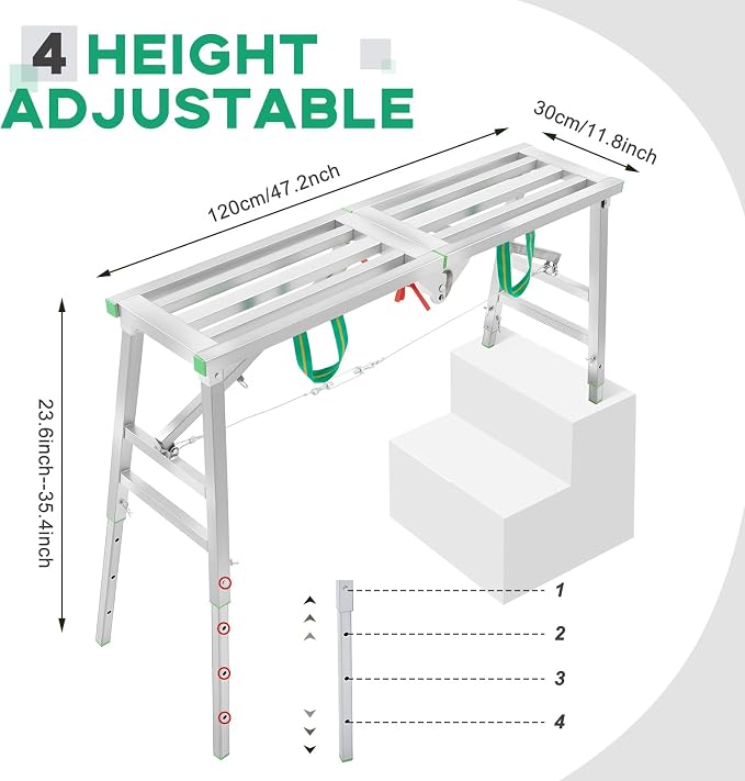 Zonon 24" to 35" H Folding Work Platform 400 Lbs Capacity Portable Scaffolding Step Stool 4 Height Adjustment 47" x 11.8" Non Slip Work Platform Ladder for Home Drywall Cleaning Painting