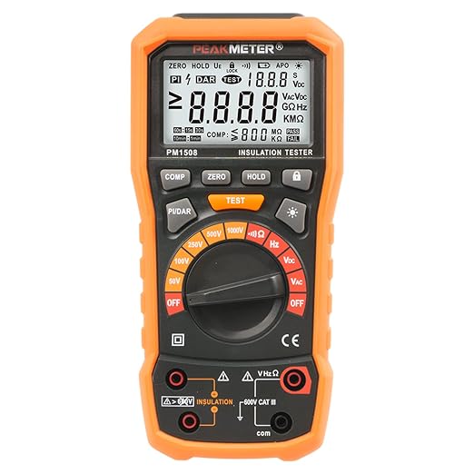 Digital Megohmmeter, Insulation Resistance Tester, 50V/100V/250V/500V/1000V for Electrical Equipment and Insulating Resistance Up to 100GΩ with PI/DAR, Frequency and Low Voltage Test