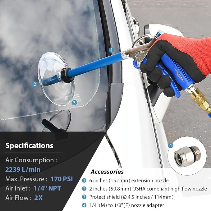 FIRSTINFO A18562US Windstorm EX High Performance Air Blow Gun with Adjustable Air Flow, 6" Extended Nozzle and Protective Shield