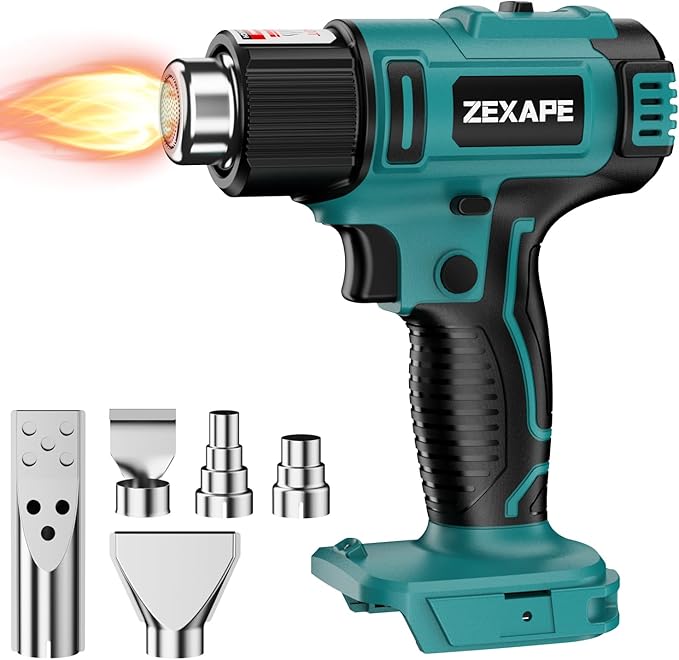 Cordless Heat Gun Compatible with 18V Battery, 350W Fast Heating Soldering Gun with LED Light, 122℉-1022℉ Variable Temperature with 5 Nozzles for DIY Craft, Shrink Tubing (Tool Only)