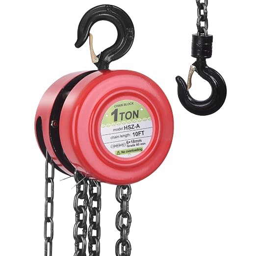 Hand Chain Hoist, 1 Ton 2200 lbs Capacity, 10 Feet with 2 Heavy Duty Hooks, Heavy Duty Steel Chain Fall Hoist for Warehouse Automotive Lifting