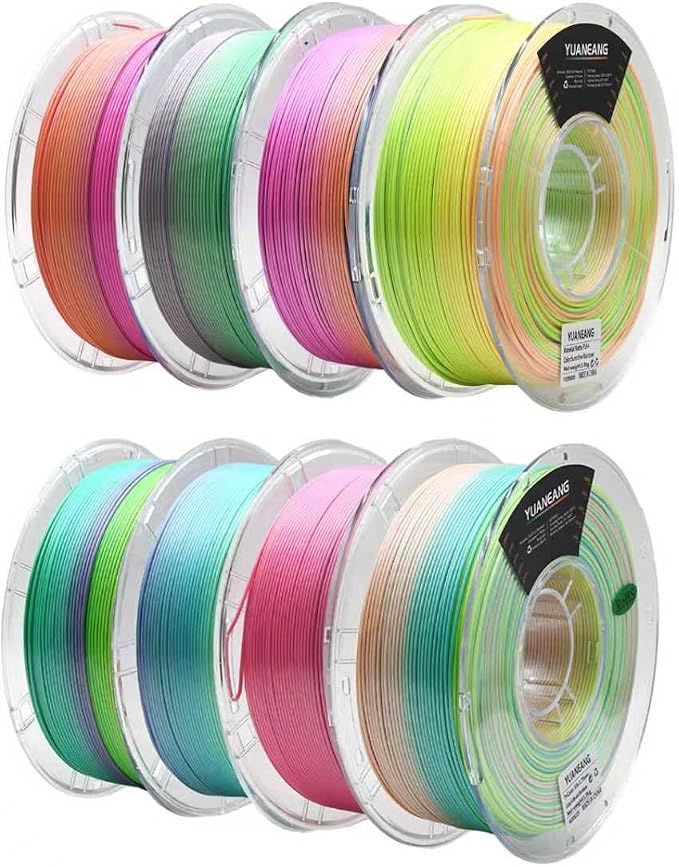 Silk Rainbow PLA Filament 1.75mm, ±0.03mm Precision, Glossy Multicolor Set, 1kg Spool (2.2 lbs), 8-Pack Silk PLA Bundle