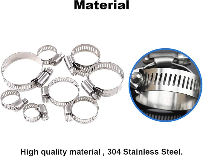 Glarks 100Pcs Adjustable 8-44mm Range 304 Stainless Steel Worm Gear Hose Clamps Assortment Kit+ 20pcs Adjustable 40-63mm Range 304 Stainless Steel Worm Gear Hose Clamps