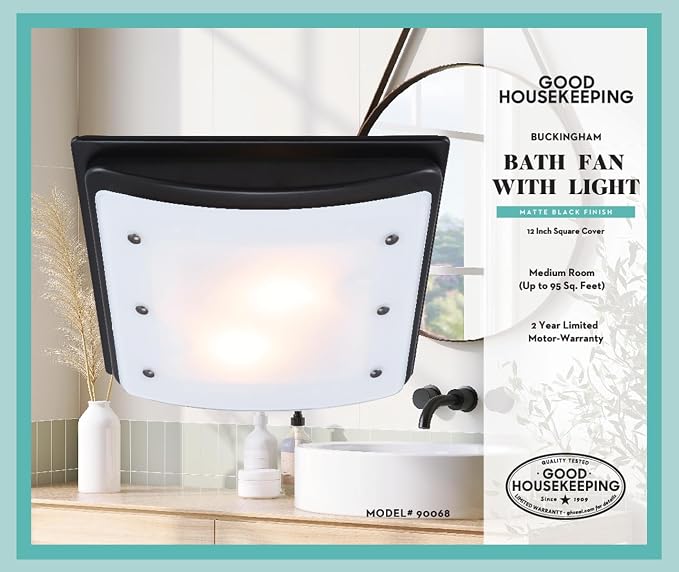Good Housekeeping (90068) Buckingham 100 CFM 2.0 Sones Decorative Bathroom Ventilation Exhaust Fan with Light & Night-Light in Matte Black