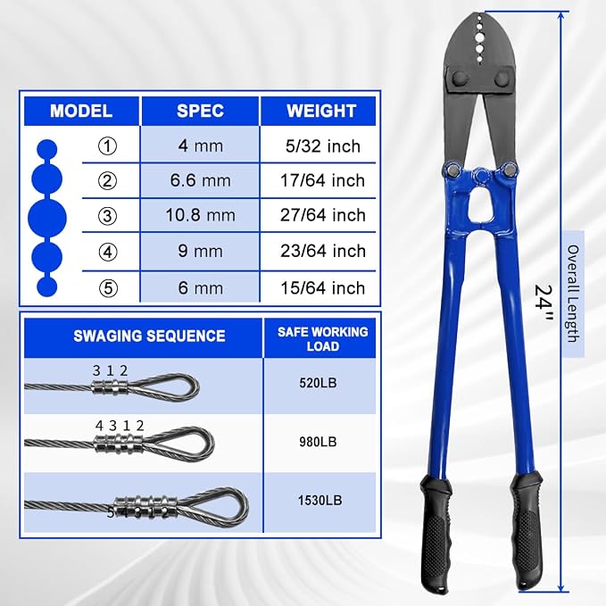Wire Rope Crimping Tool, 24 Inch Hand Swaging pliers, 5 Cavity 1/16" 3/32" 1/8" 5/32" 3/16", Crimping Tools for Copper and Aluminum Oval Sleeves and Stop Sleeves