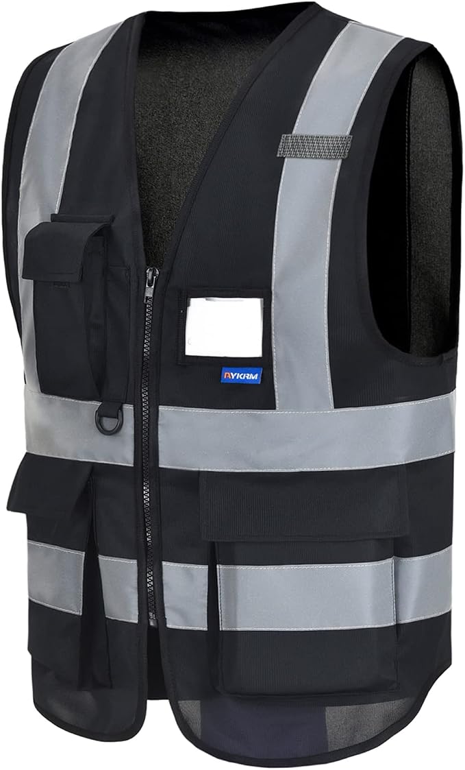 A-SAFETY 4XL 5XL black safety vest | Black 4XL-5XL work vest with clear ID pocket, radio mic loop and reflective strips for warehouse work; for men and women.