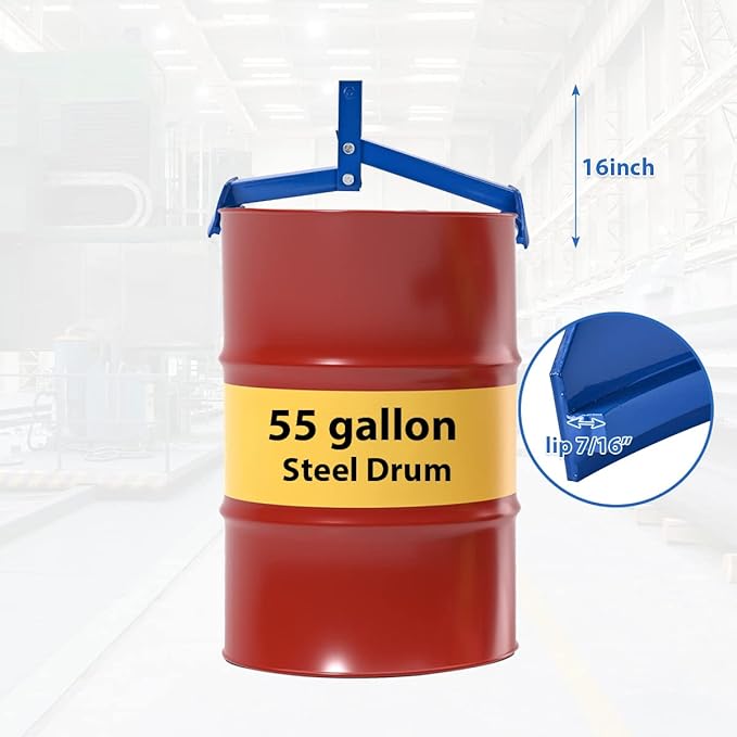 Drum Lifter - Vertical Drum Clamp for Quick and Easy Loading/Unloading of 55 Gallon Steel Drums, 1100lb. Capacity, Rugged All-Steel Construction, Narrow Profile for Overpack Drum Placement