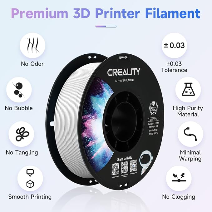 Official Creality TPU Filament, Flexible 3D Printer Filament 1.75mm, 95A Shore High Hardness & Resilience, Dimensional Accuracy +/- 0.03 mm for Most FDM 3D Printers