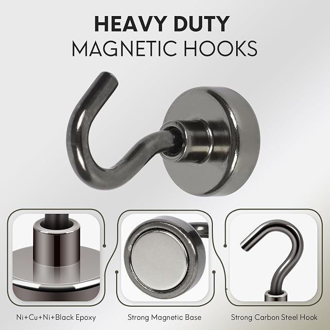 Neosmuk Magnetic Hooks, Cruise Ship Essentials, 30lb+ Heavy Duty Magnetic Hooks for Cruise Cabins, Refrigerator, Grill, Hanging, and Travel | Extra Strong Must-Haves Magnet Hook,Gunmetal