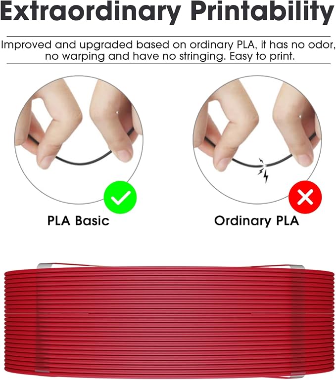 eSUN PLA Basic Refilament 1.75mm, 3D Printer Refill High Speed PLA for Fast Printing, 1KG per Roll, 2 Rolls Spoolless 3D Printing Filament for High Speed 3D Printers, Fire Engine Red