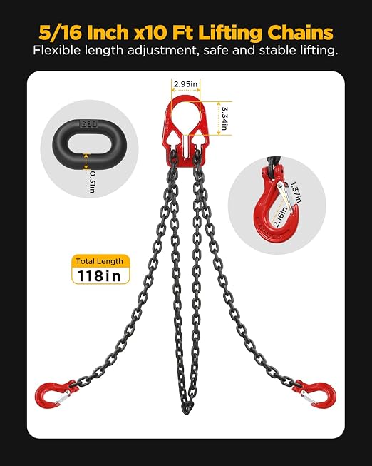 Heavy Duty Lifting Chain with Adjustable Hooks, 5/16" x 10 Ft, 7000 lbs WLL | Dual-Leg Chain Sling Design • Black Industrial Electroplating • Balanced Load Distribution • Secure Latch Hook Design