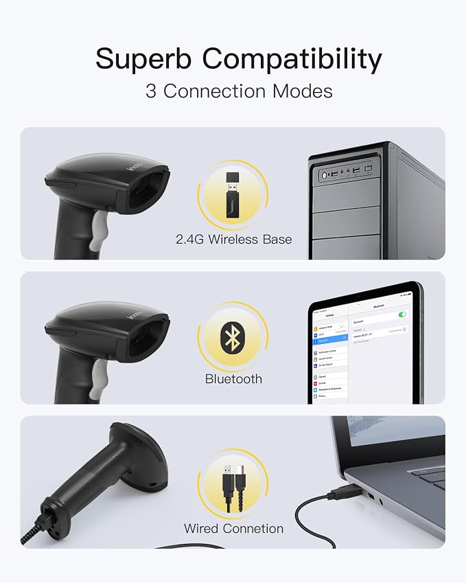 Inateck 2D Barcode Scanner, Wireless Bluetooth QR Barcode Scanner, Handheld Scanner with APP and SDK, 1 Charge for 3 Months, BCST-23 Dark Gray