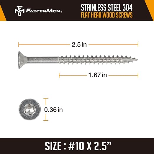 304 Stainless Steel Deck Screws, #10 x 2-1/2", 300 PCS | Torx Flat Head Type 17 Point with T25 Bit, Ideal for Outdoor Wood Projects, Fences, Benches, Picnic Tables, Decks, Bulk Box