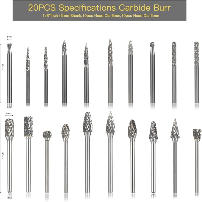 HIDOTOL Carbide Burr Set 20PC 1/8" Shank – 3mm Tungsten Double Cut Carbide Rotary Burr Set for Metal and Wood Carving, Grinding, Polishing, Engraving, Drilling.