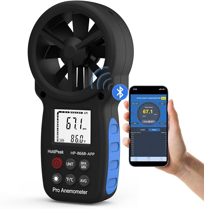 HoldPeak Handheld Anemometer Bluetooth, Digital Wind Speed Gauge Meter, Air Flow Velocity Temperature CFM Measuring Device for HVAC Outdoor Sailing Shooting Golf, 866B-APP