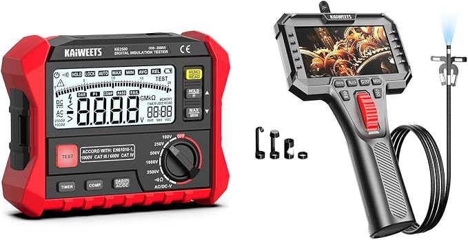 KAIWEETS KE2500 Insulation Resistance Tester Up to 200GΩ Pro Megohmmeter and KAIWEETS KBA02 Two-Way Articulating Borescope Camera with Light with 0.25in Slim Probe