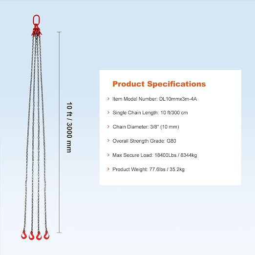 VEVOR Chain Sling, 3/8 inch x 10 ft Lifting Chains with Hooks, G80 Engine Chain Hoist Lifts, 18400 lbs/8 Ton Lifting Sling Chains for Engine Hoist, Engine Lift Chain with 4 Leg Grab Hooks & Adjusters