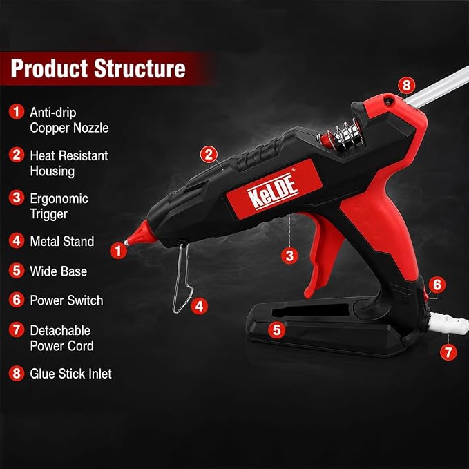 KeLDE 300W Industrial Hot Glue Gun, Heavy Duty Hot Melt Glue Gun with Detachable Power Cord, Fast Heating, Anti-Drip Nozzle,with 10 Glue Sticks for Woodworking, Repair & DIY Projects (Black)