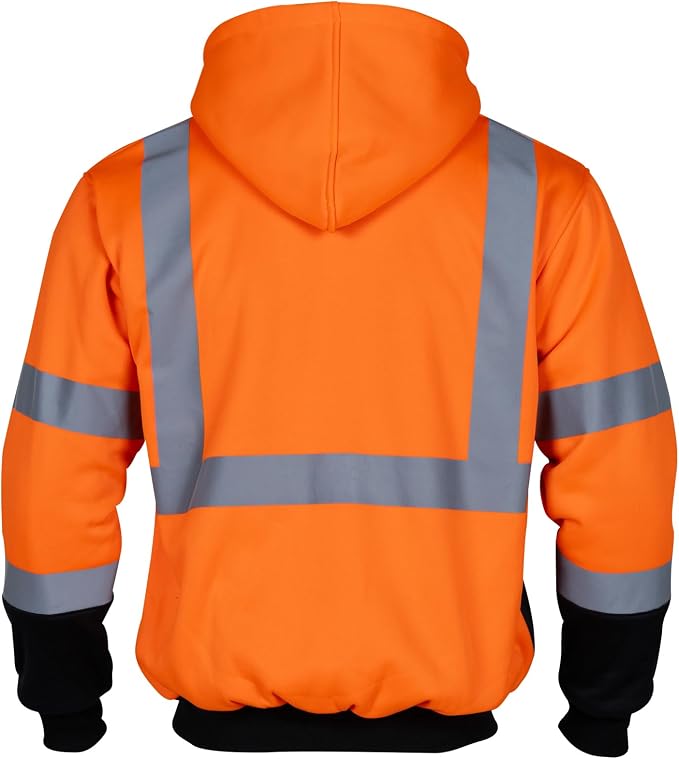 VENDACE Men's ANSI Class 3 High Vis Safety Reflective Sweatshirt Wool Fleece Zipper Jacket Hoodie with Black Bottom(Orange,XL)