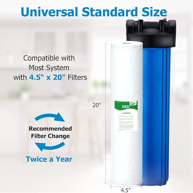 5 Micron Water Filter 20" x 4.5" Replacement Cartridge, 20-inch Sediment Pre-Filters for Whole House Water Filtration, Compatible with SDC-45-2005, FP25B, DGD-5005-20, 6-Pack