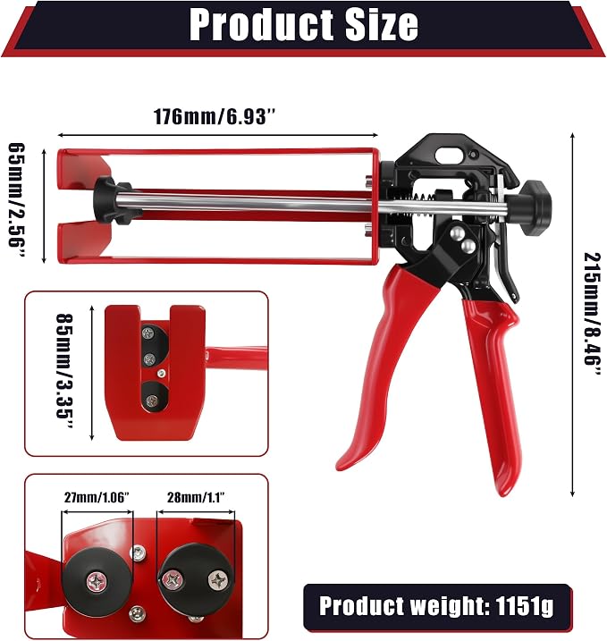 200ml Dual Cartridge Epoxy Gun All Metal Heavy Duty Epoxy Applicator for 1:1 & 2:1 Mix Ratio Professional Panel Bonding Caulking Gun for Auto Body Repair Structural Adhesive & Construction Red