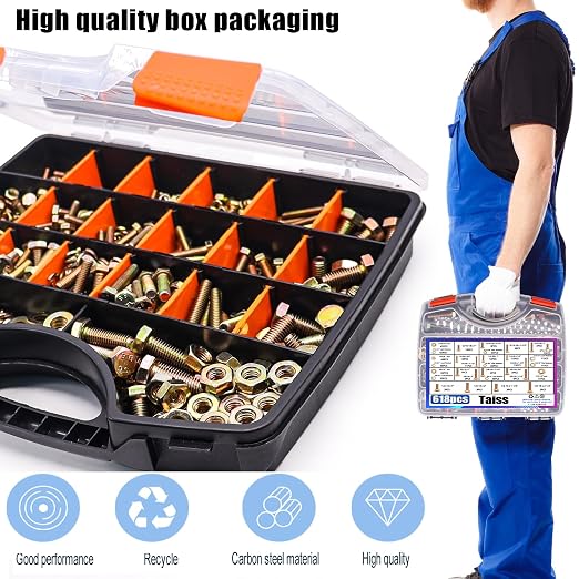 Taiss Grade 8.8 Bolts and Nuts Assortment Kit,1/4-20,5/16-18,3/8-16,1/2-13 Heavy Duty SAE Hex Bolts and Nuts & Flat/Lock Washer Kit,Carbon Steel Zinc Plated,with Handheld Box 618PCS