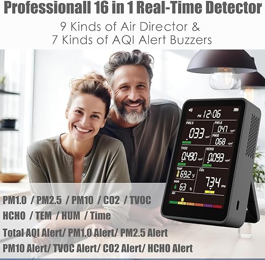 Professional Indoor Air Quality Monitor with AQI Alerts, Portable Real-Time Detector for Home, Car, Plants & Pet (Black)