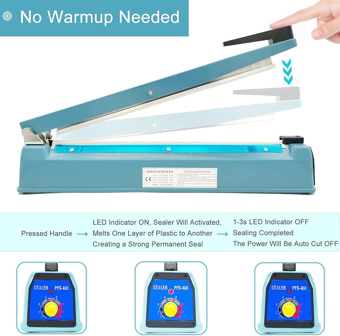 Impulse Sealer 16 inch Heat Sealer for Plastic Bags, Metal Plastic Bag Sealer Heat Seal, Mylar Bag Sealer, Manual Poly Bag Hot Seal Sealing Machine with 4 Repair Kit(2 Cutting Lines Included)