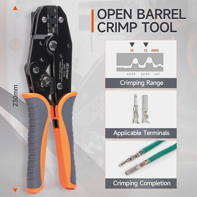 iCrimp Ratchet Crimp Tool for Deutsch DTP 12 Stamped Contacts | Fits 12-14 AWG wire, precise positioning, IWS-12DS crimper, open barrel crimp, for automotive wiring repair
