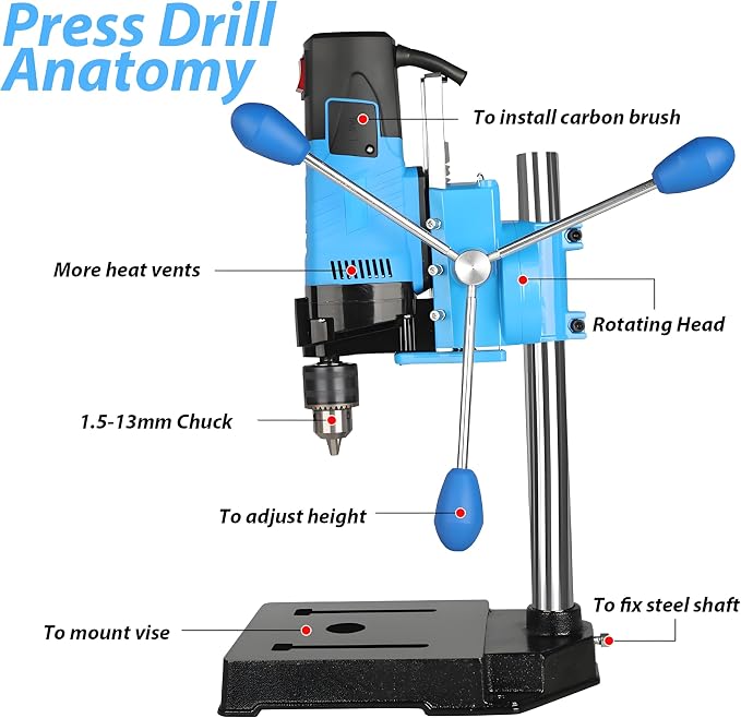 Mini Drill Press, 6 Speed 1200W Electric Benchtop Drill Press Machine, 90° Rotating, Vise, 1.5-13mm Chuck for Workshop Craftsman Drilling Grinding Polishing Wood Plastic Metal