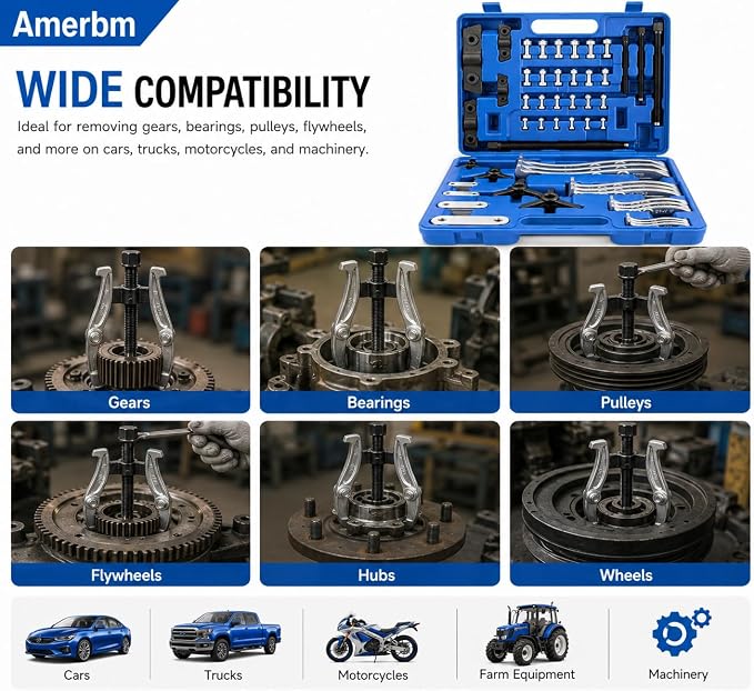 4-Piece Gear Puller Set, Heavy Duty 2 and 3 Legged Hub Pulley Puller Bearing Separator Kit (3" 4" 6" 8") for Removing Flywheels, Sprockets, Ball Races and Gears - Pro Mechanical Removal Tools