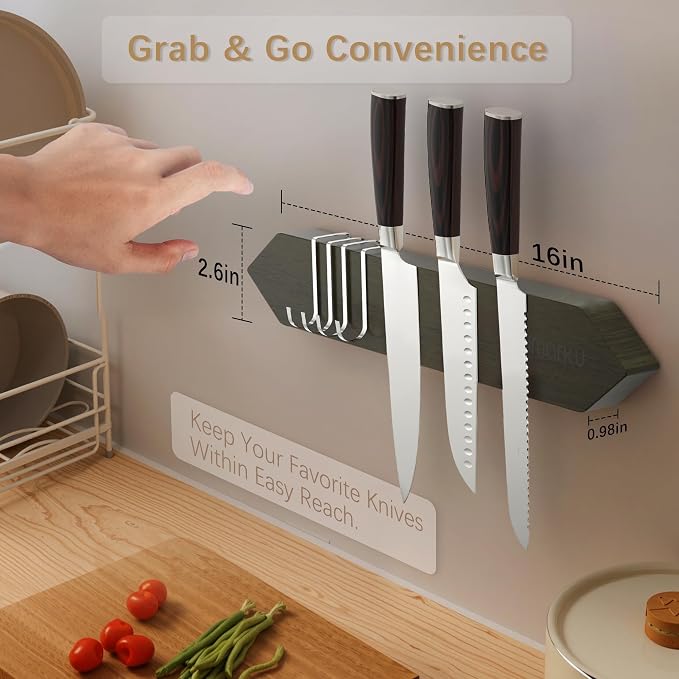 imarku 16" Magnetic Knife Strip, Heavy Duty Wall Mounted Knife Holder, Secure Magnetic Grip for Easy Organization, Kitchen Utensil Rack with 4 Hooks, dark