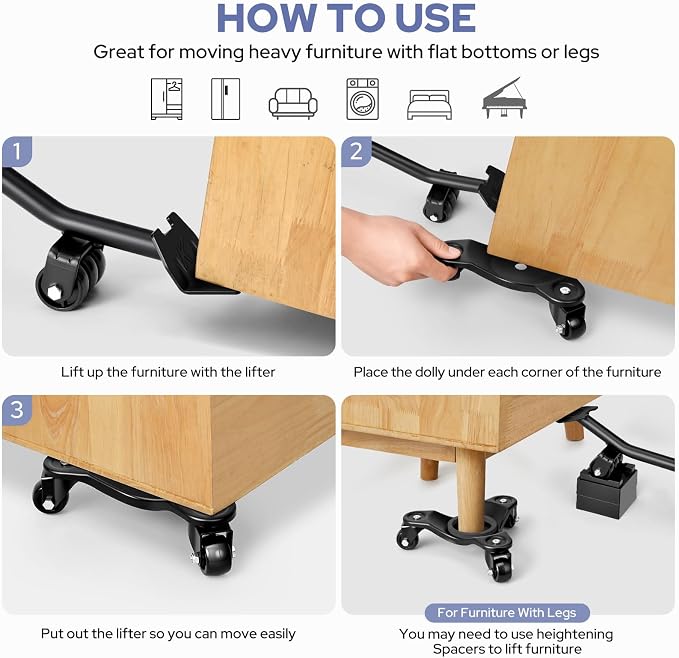 KEDSUM Furniture Dolly, 1000LBS Furniture Moving Wheels, 8" Heavy Duty Mover Dolly with 3 Wheels, Used for Moving Sofa, Piano, Cabinet
