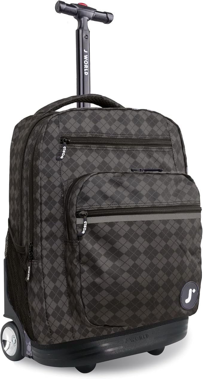 J World Sundance Laptop Rolling Backpack for Girls Boys. Roller Bookbag with Wheels, 20 Inch, Argyle Black
